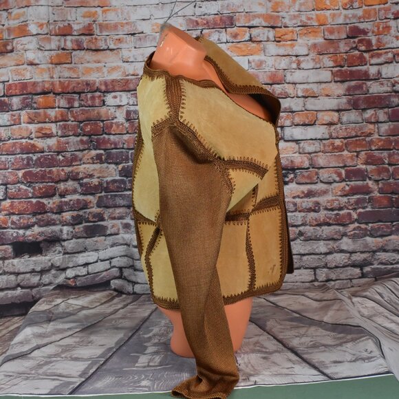 Carducci Sz Medi Leather Suede Jacket Crochet Patchwork Button Tan Boho Cowgirl - Picture 5 of 12